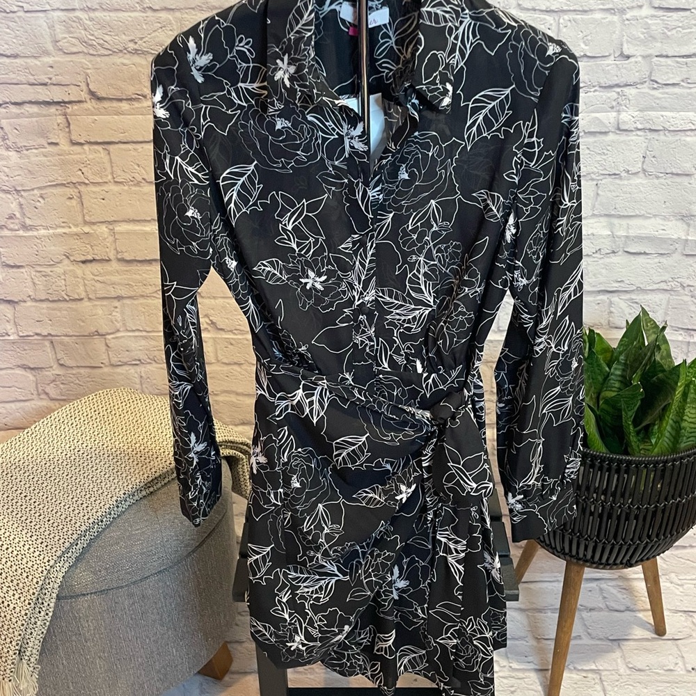 Parker Black and White Long Sleeve Wrap Dress